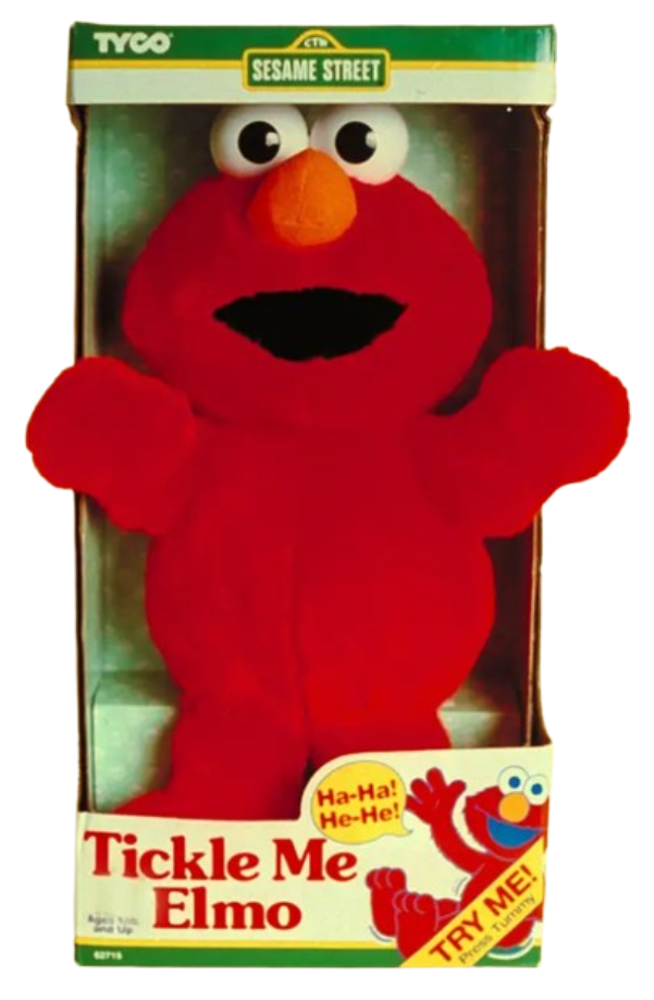 A photo of an original 1996 Tyco Sesame Street "Tickle Me Elmo" plush doll packaged inside its yellow-and-red retail box.