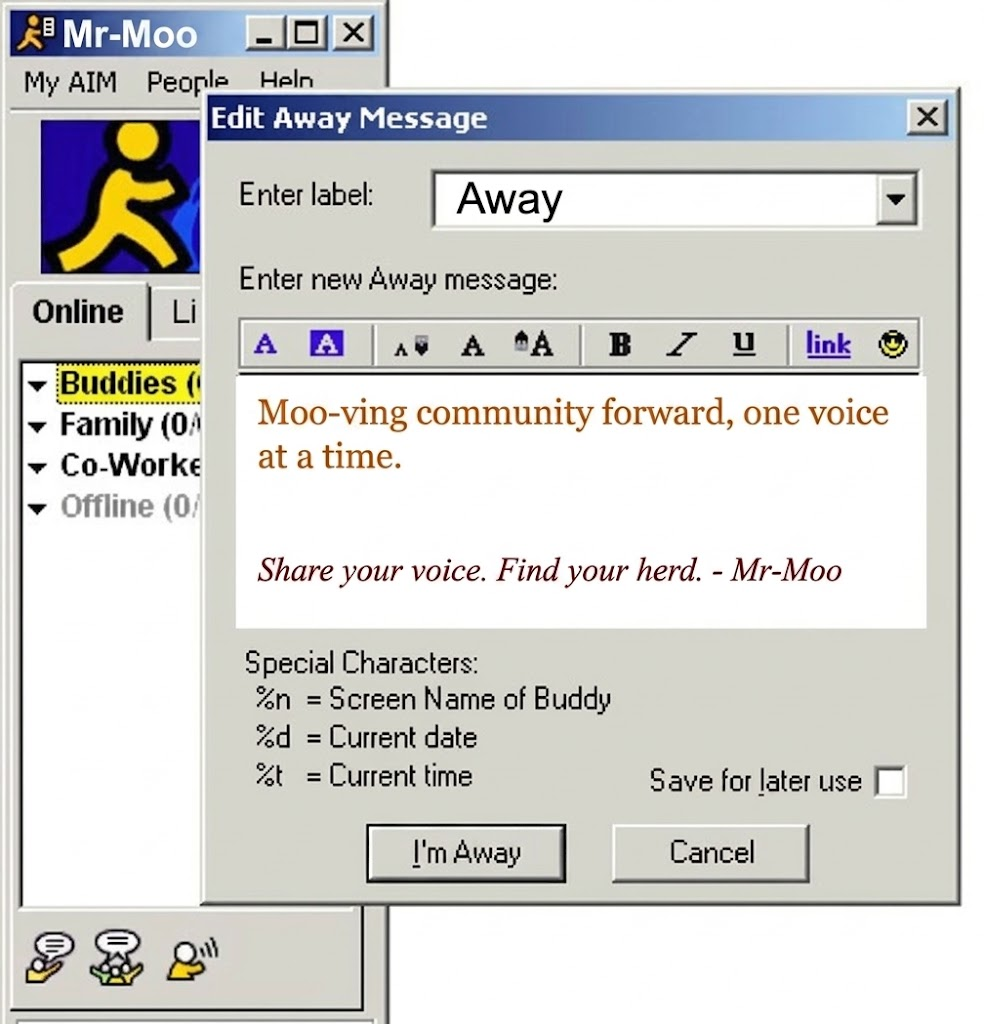 An AOL Instant Messenger (AIM) window on Windows 98 featuring the iconic Yellow Running Man logo, custom buddy icon backgrounds, and a classic Buddy List.