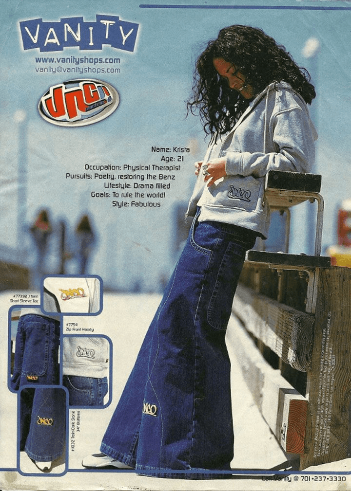 A vintage 90s fashion advertisement featuring ultra-wide-leg JNCO dark-wash denim jeans with massive back pockets—the ultimate skater and rave-culture silhouette.