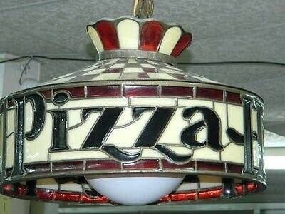 Pizza Hut Stained Glass Tiffany Lamp Classic Pizza Hut dining room pendant lamp featuring red-and-white checkered Tiffany-style stained glass with "Pizza" spelled out across the rim.