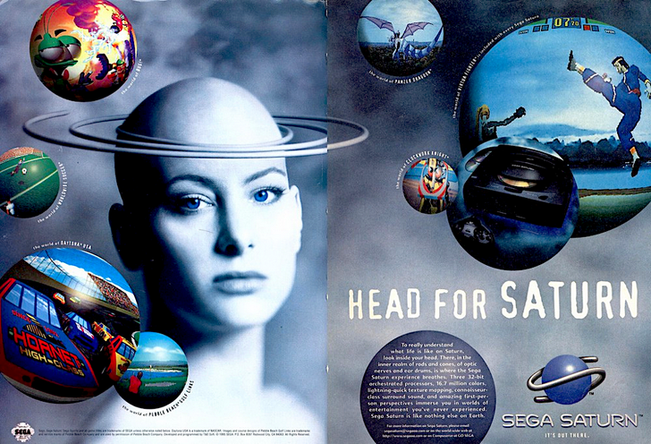 A retro 90s Sega Saturn magazine ad featuring a bald model with Saturn rings orbiting her head under the headline "Head for Saturn," surrounded by circular game previews for Daytona USA, Panzer Dragoon, Virtua Fighter, and Bug!.