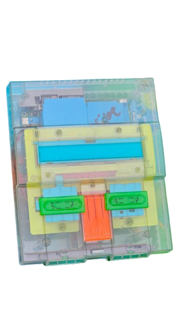 modified Super Nintendo (SNES) console rebuilt inside a translucent clear-and-cyan plastic aftermarket shell that exposes the internal motherboard and cartridge slot.