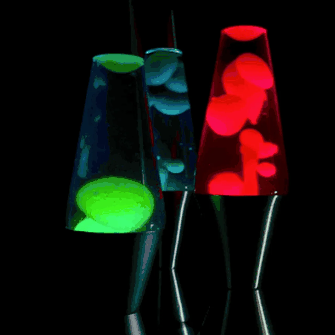 An animated GIF showing three retro cone-shaped lava lamps glowing in a dark room as bright neon green, teal blue, and fiery red wax blobs float and morph inside.