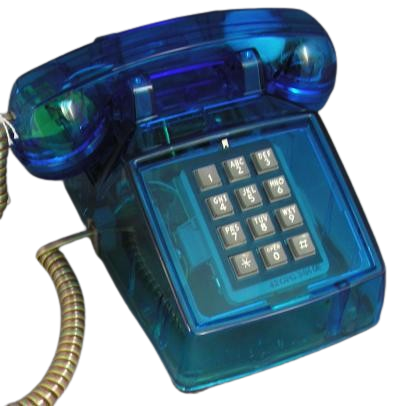 classic late-90s translucent deep-blue landline desk telephone, featuring a clear push-button keypad and matching coiled handset cord.