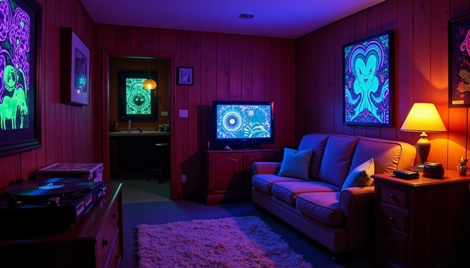 A moodily lit retro basement lounge with wood-paneled walls bathed in purple blacklight, featuring glowing psychedelic art prints, a plush shag rug, a sofa, and an old CRT TV.