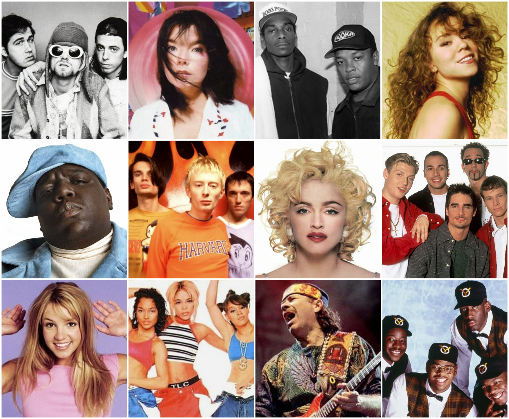 A grid photo of prominent 90s music icons including Nirvana, Björk, Snoop Dogg and Dr. Dre, Mariah Carey, The Notorious B.I.G., Radiohead, Madonna, Backstreet Boys, Britney Spears, TLC, Carlos Santana, and Boyz II Men.