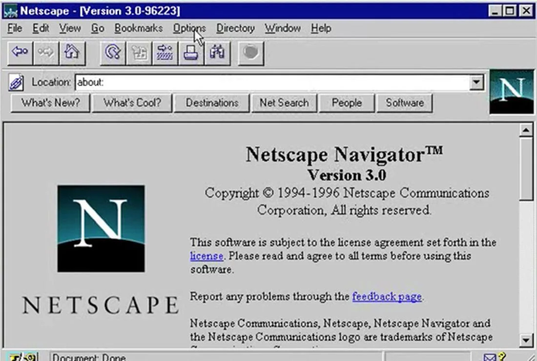 Netscape Navigator Version 3.0 splash screen featuring the famous "N" logo over a starry night horizon inside a Windows 95 frame.
