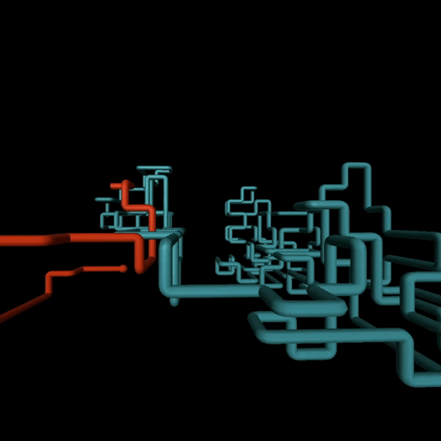 The iconic Windows 95 3D Pipes screensaver constructing an endless, mesmerizing labyrinth of teal and red jointed plumbing pipes in a pitch-black virtual void.