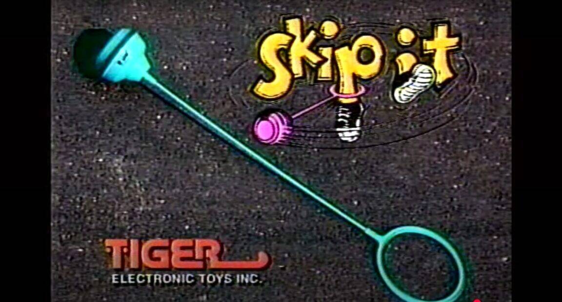 retro print ad graphic for Tiger Electronic Toys' Skip-It, displaying the teal ankle hoop and counter toy over a grainy asphalt background.