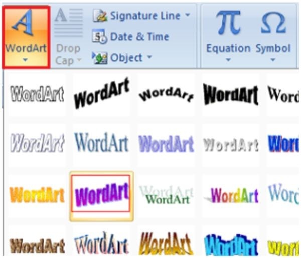 iconic Microsoft Office WordArt drop-down menu showing retro 3D text styling presets, including the legendary rainbow arch and gradient drop shadows.