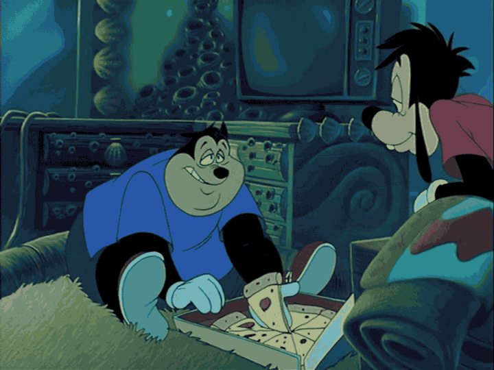 An animated GIF from Disney's A Goofy Movie featuring Max and Goofy's neighbor Pete greedily pulling apart a slice of hot, extra-stretchy cartoon cheese pizza straight out of the box.