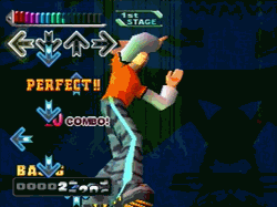 An animated GIF of arcade gameplay from Dance Dance Revolution, featuring colorful scrolling directional arrows, combo counters, and a low-poly avatar dancing to high-tempo Eurobeat tracks.