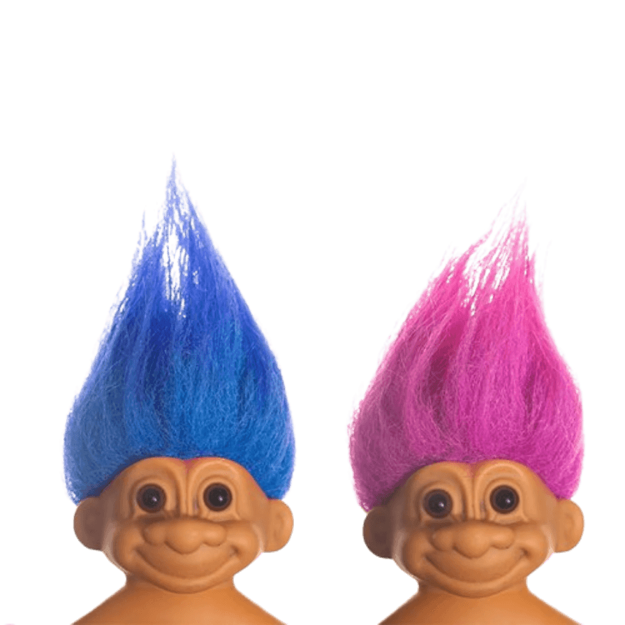 A pair of retro Troll dolls with neon blue and pink wild hair, complete with their signature belly-button gems and wide grins.