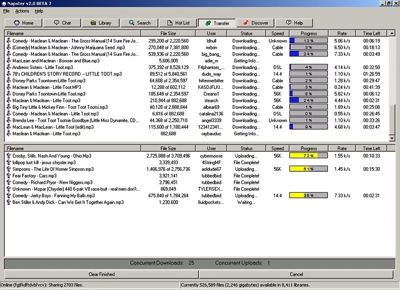 Napster v2.0 BETA 7, showing progress bars crawling at 56k dial-up speeds as users share and download 3MB MP3 tracks.