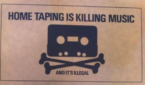 Home Taping Is Killing Music Campaign Logo Vintage music industry anti-piracy graphic featuring a cassette tape silhouette above crossed bones, emblazoned with the melodramatic warning "Home Taping Is Killing Music - And It's Illegal."