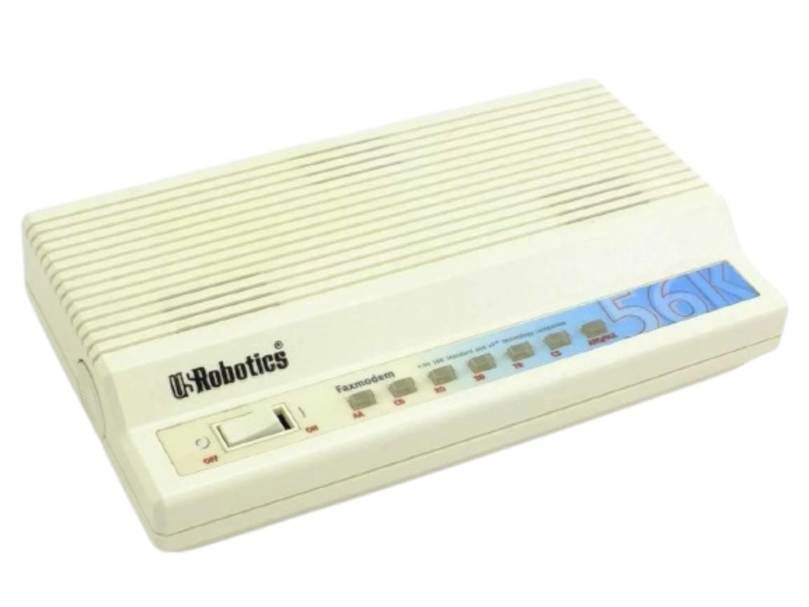 A beige U.S. Robotics 56K external faxmodem showing its front power toggle and diagnostic status LEDs—the hardware heart of the dial-up era.